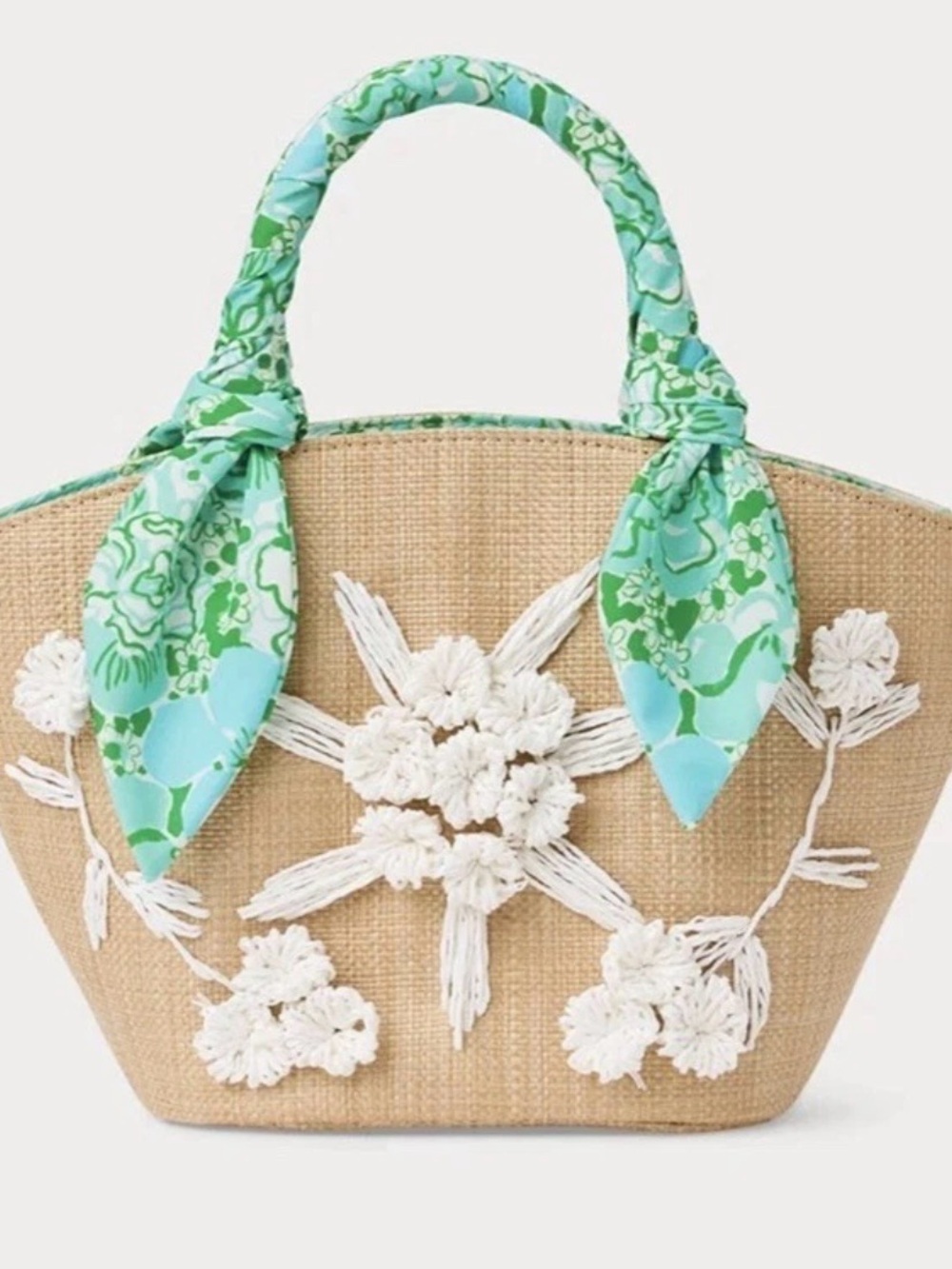 Lilly Pulitzer Straw Mini Bag with Aqua-Green Floral Handle and White Embroidery